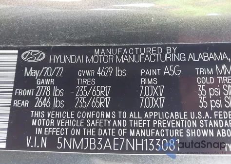 2022 Hyundai Tucson Sel z USA, uszkodzony, nr VIN 5NMJB3AE7NH133081